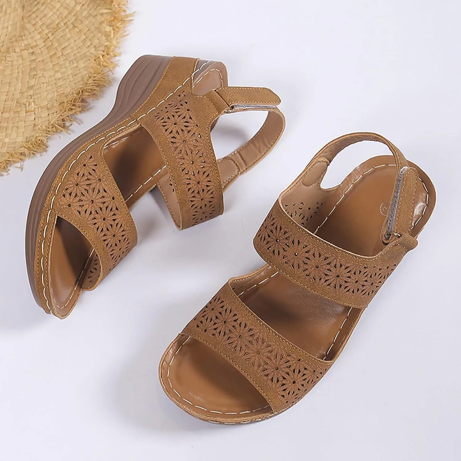 ZSpzx Women's Orthopedic Arch Support Sandals Comfortable for Women Wedge Slide Fish Mouth Adjustable Ankle Strap Summer Walking Hollow Out Casual Slip on Beach Plantar Fasciitis Outdoor Shoes