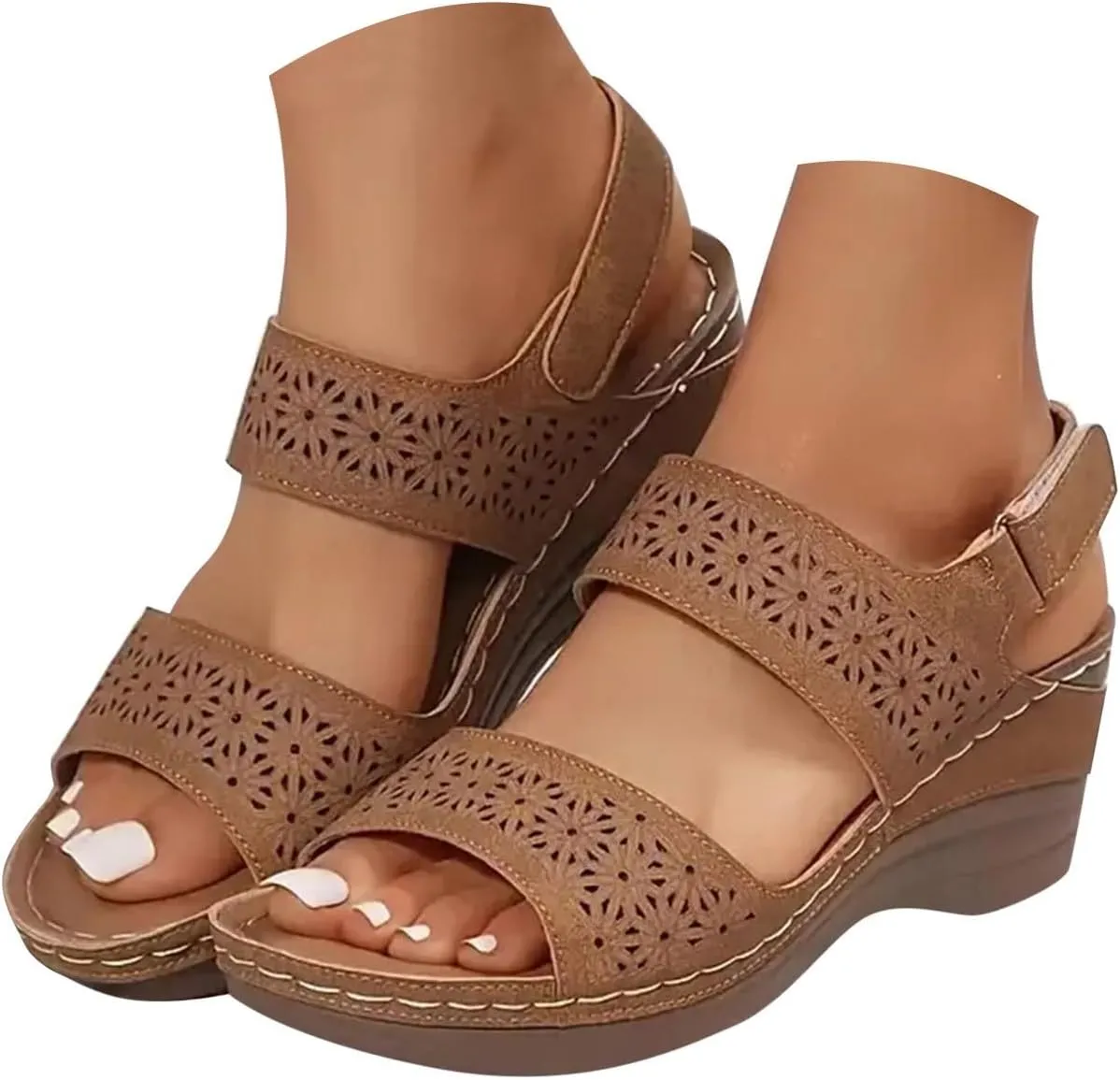 ZSpzx Women's Orthopedic Arch Support Sandals Comfortable for Women Wedge Slide Fish Mouth Adjustable Ankle Strap Summer Walking Hollow Out Casual Slip on Beach Plantar Fasciitis Outdoor Shoes
