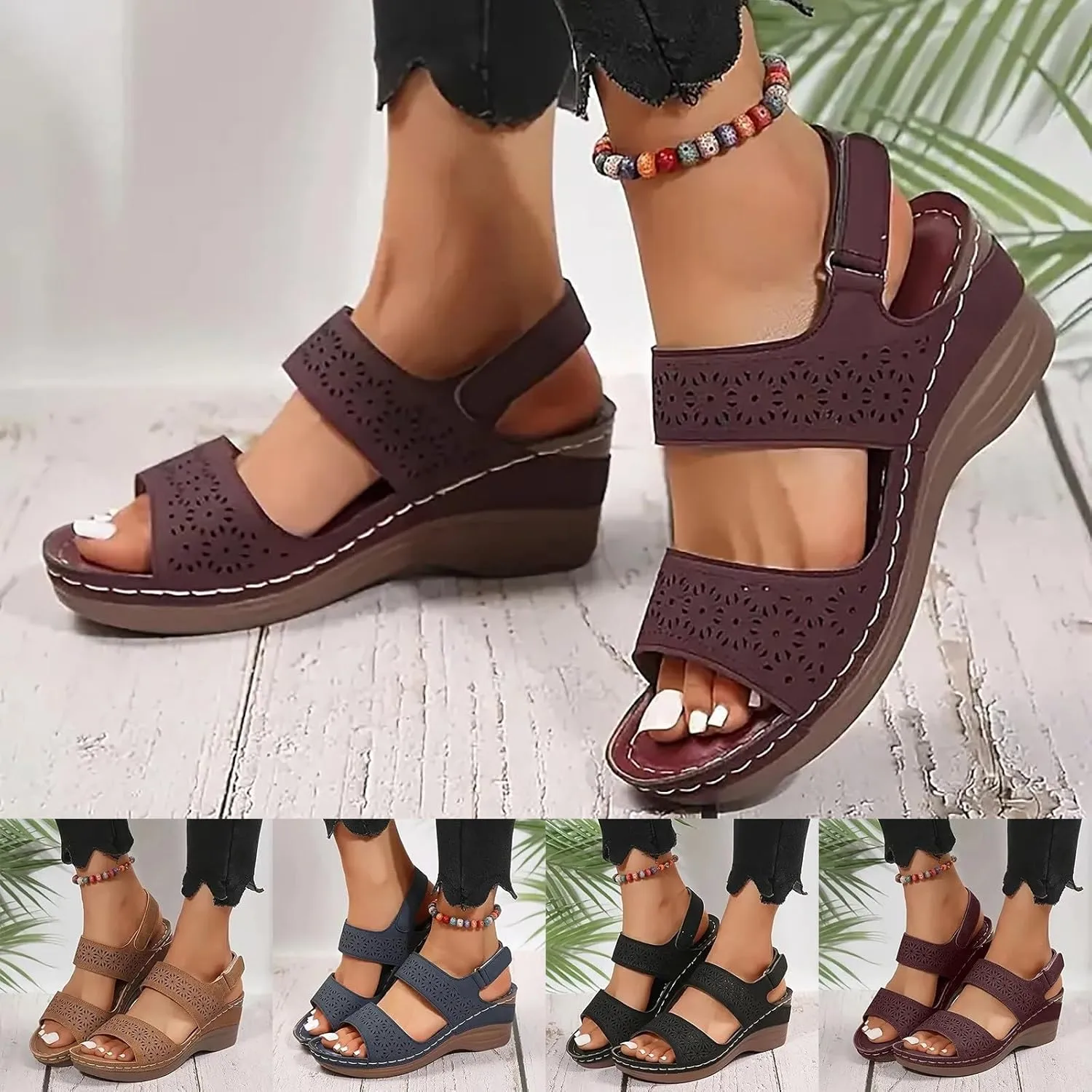 ZSpzx Women's Orthopedic Arch Support Sandals Comfortable for Women Wedge Slide Fish Mouth Adjustable Ankle Strap Summer Walking Hollow Out Casual Slip on Beach Plantar Fasciitis Outdoor Shoes