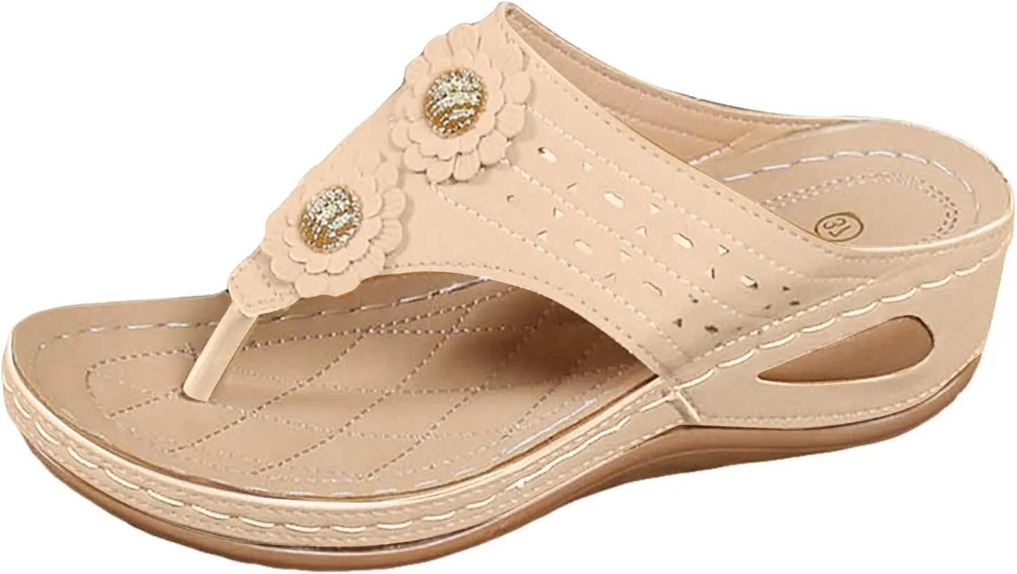 ZSpzx Women's Orthotic Cushion Flip Flops Recovery Walking Sandals for Women Arch Support Wedge Thong T-Strap Casual Flat Slippers Slide Comfortable Flowers Slip on Plantar Fasciitis Beach Shoes