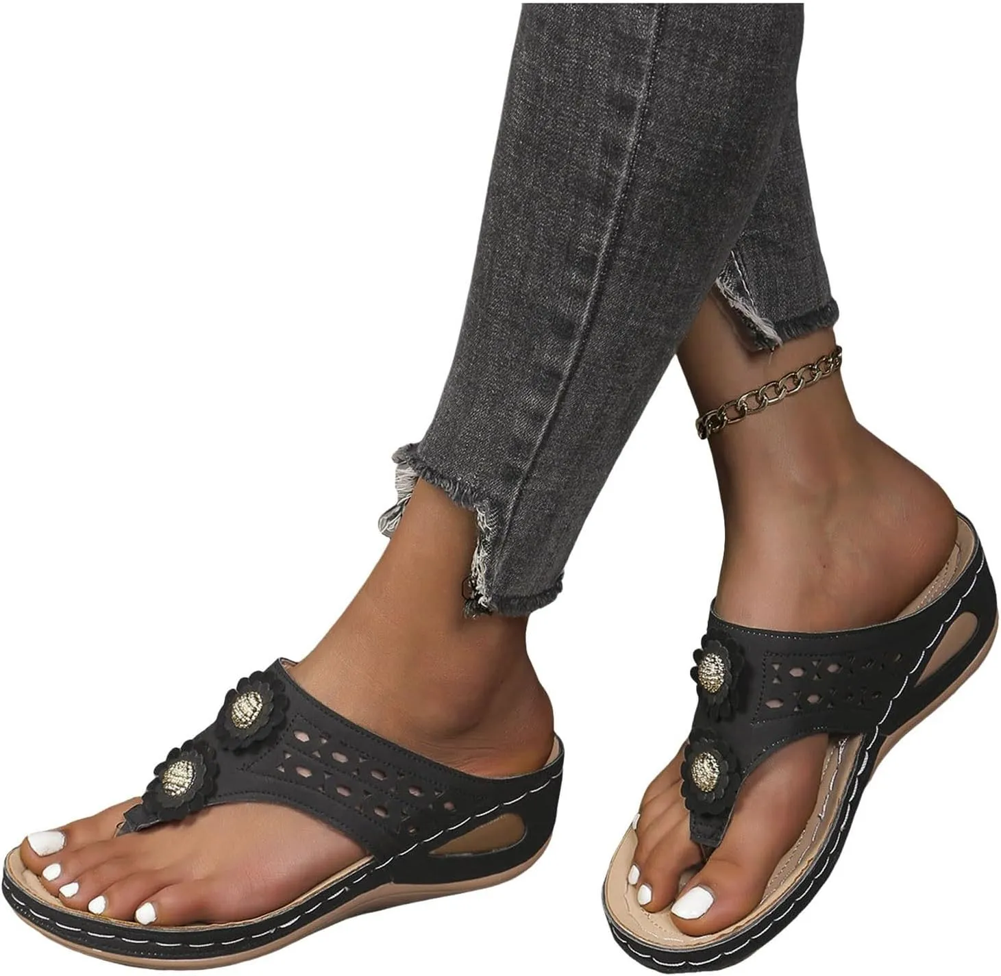 ZSpzx Women's Orthotic Cushion Flip Flops Recovery Walking Sandals for Women Arch Support Wedge Thong T-Strap Casual Flat Slippers Slide Comfortable Flowers Slip on Plantar Fasciitis Beach Shoes